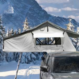 Overland Vehicle Systems - Overland Vehicle Systems Nomadic 3 Arctic Extended Roof Top Tent (White Base w/ Dark Gray Rain Fly & Black Cover) | 18039926 | Universal Fitment